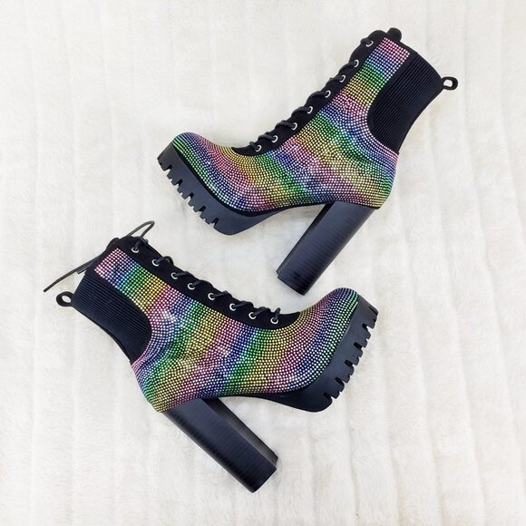 Rainbow Sparkle Rhinestone Chunky High Heel Ankle Boots - Picture 9 of 17